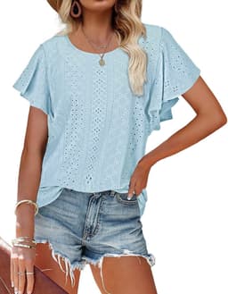 image-Women's Ruffled Sleeve T-Shirt - Sky Blue Hollow Out