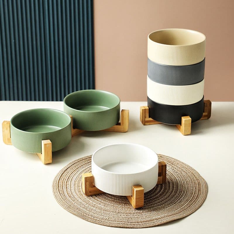 image-Hangyi Ceramics Double Bowl Pet Dish - Wooden Frame, Anti-Knock - 24 Pack