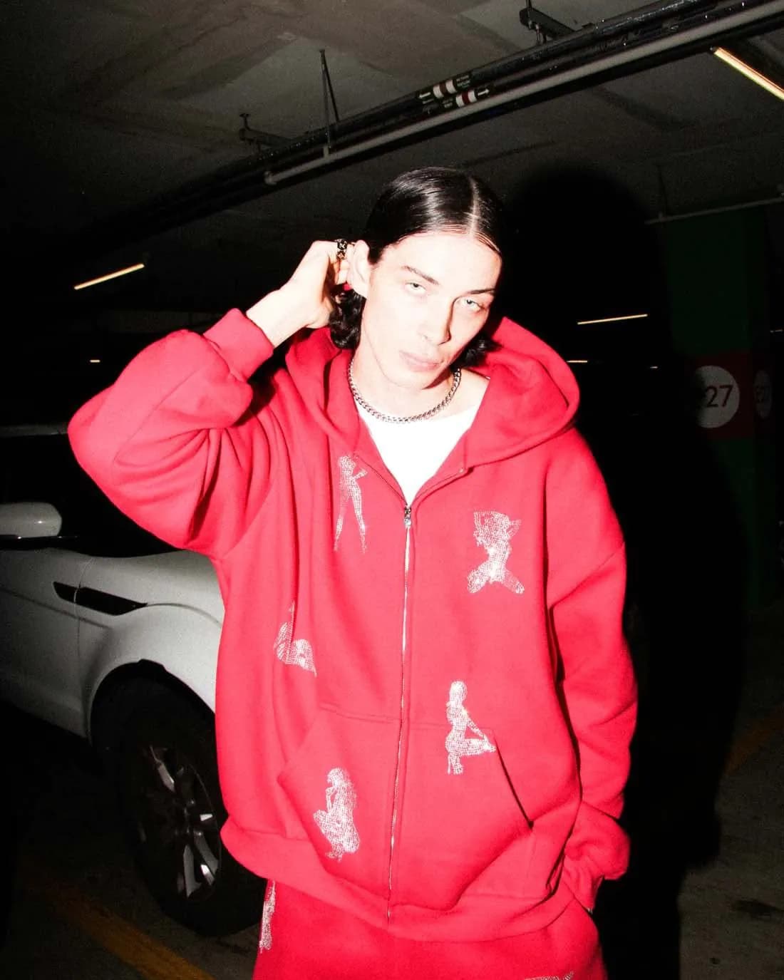 image-Rhinestone Print Hoodie Cardigan Zip Coat Unisex Loose Sweater Europe America