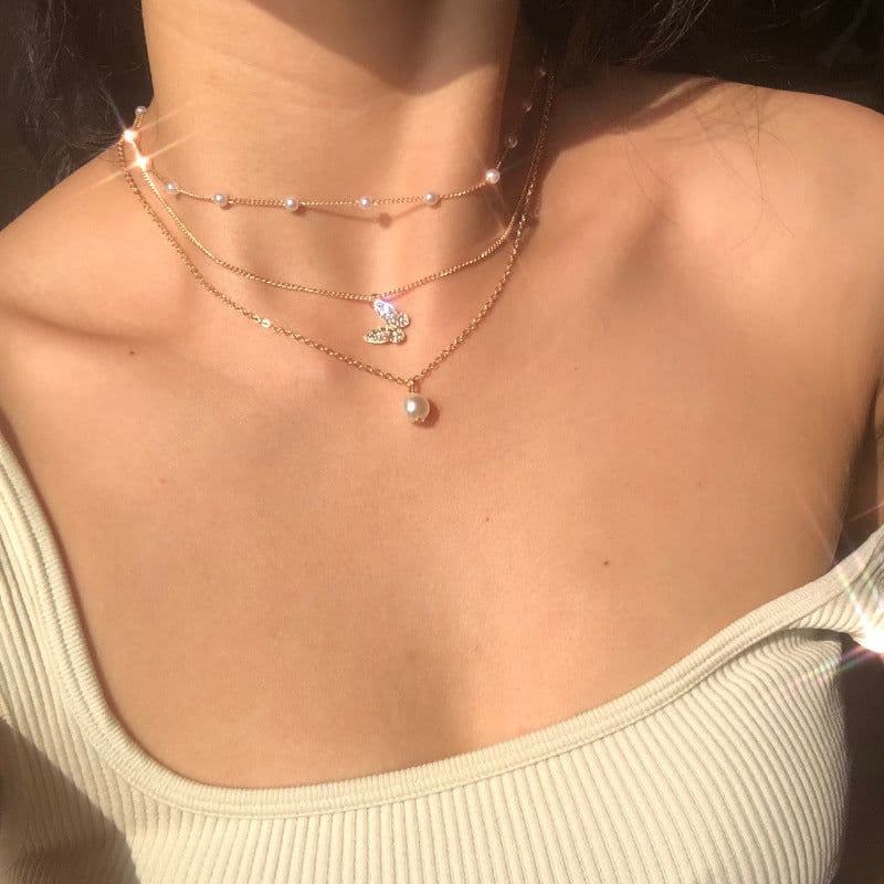 image-Pearl Butterfly Necklace - Diamond Multi-Layer