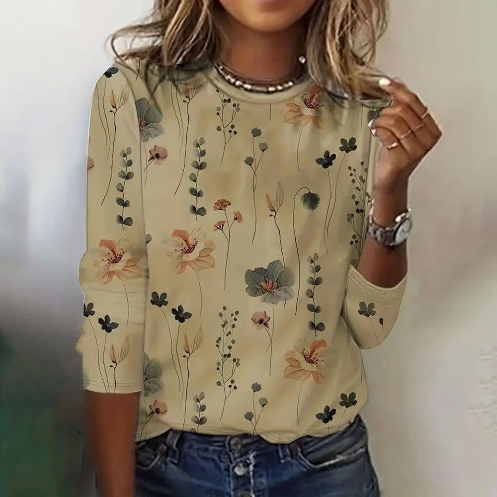 image-Juya 3D Floral Print Long-Sleeve T-Shirt - 6XL Women's Western Style