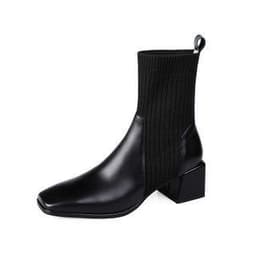 image-Women's Knitted Sock Boots - Square Toe Chunky Heel Ankle