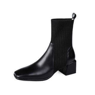 image-Women's Knitted Sock Boots - Square Toe Chunky Heel Ankle