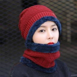 image-Women's Winter Knit Hat with Neck Warmer - Black Acrylic