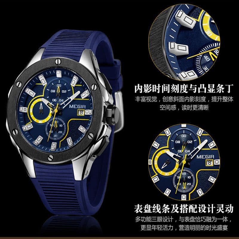 image-MEGIR 30M Waterproof Quartz Sports Watch - Silver 46mm Silicone Strap