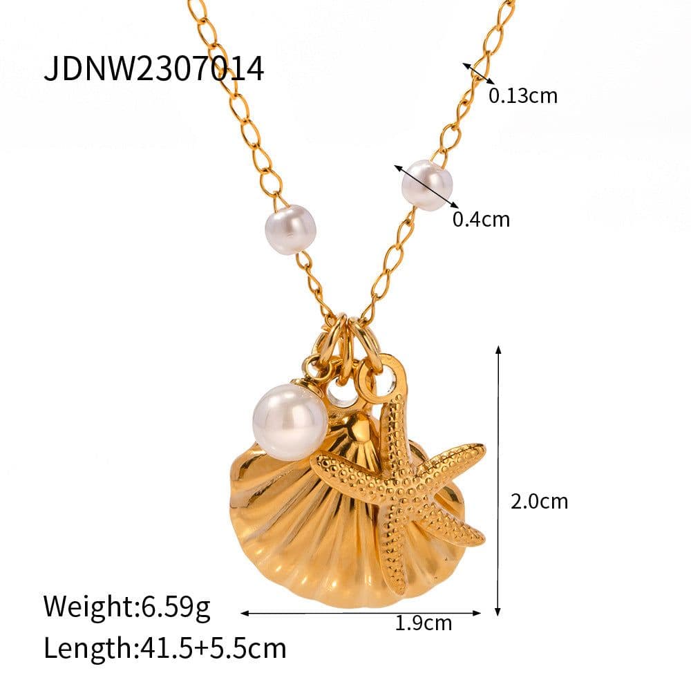 image-Pearl Starfish Shell Necklace - Stainless Steel Women's