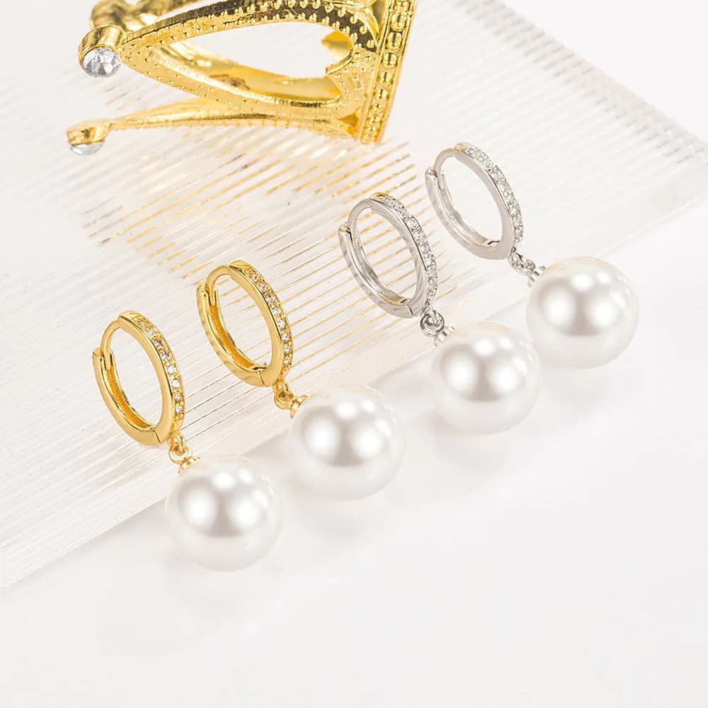 image-Pearl Earrings - Geometric Zircon Gold Plated