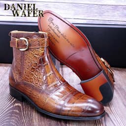 image-Men's Leather Martin Boots - Brown Crocodile