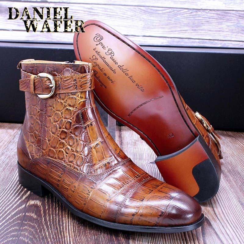 image-Men's Leather Martin Boots - Brown Crocodile