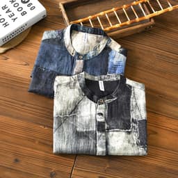 image-Men's Linen Shirt - Blue Floral Stand Collar Short Sleeve
