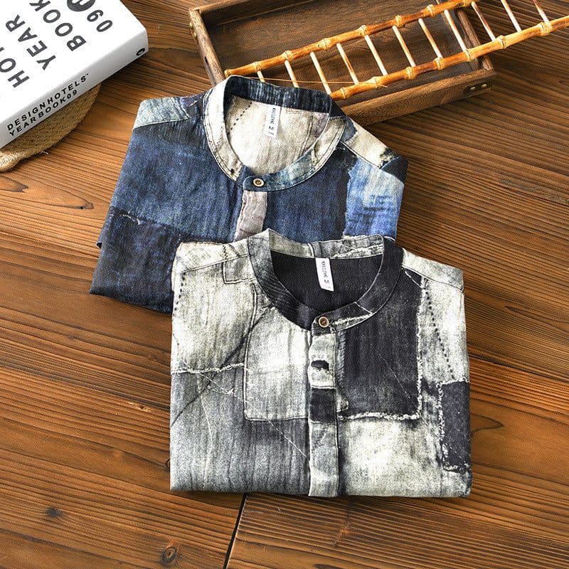image-Men's Linen Shirt - Blue Floral Stand Collar Short Sleeve