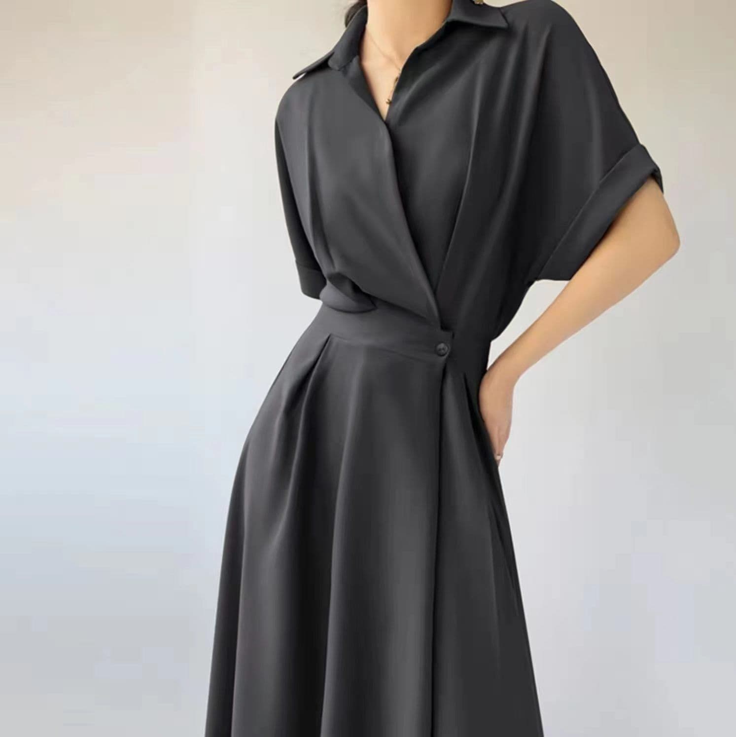 image-Polyester Midi Dress - Orange Long Sleeve POLO Collar