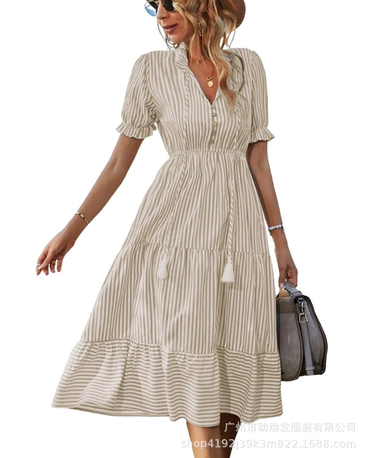 image-European & American Summer Stripe Dress - Khaki V-Neck XL