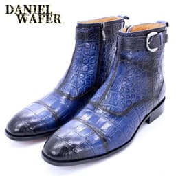 image-Men's Leather Ankle Boots - Brown Crocodile