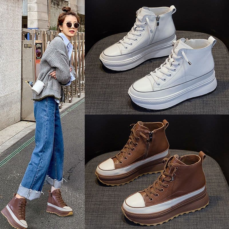 image-BRYX High-Top Leather Shoes - Brown Velvet, Platform, Heeled, 40, Versatile Women's