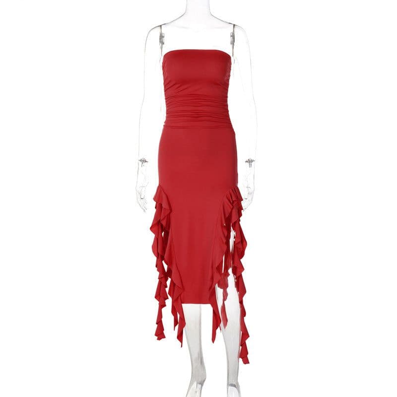 image-Women's Sleeveless Midi Dress - Irregular Tube Top Summer