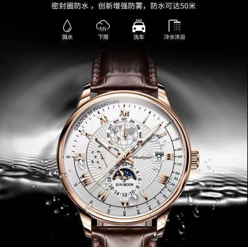 image-POEDAGAR 908 Quartz Men's Leather Waterproof Watch, 40mm