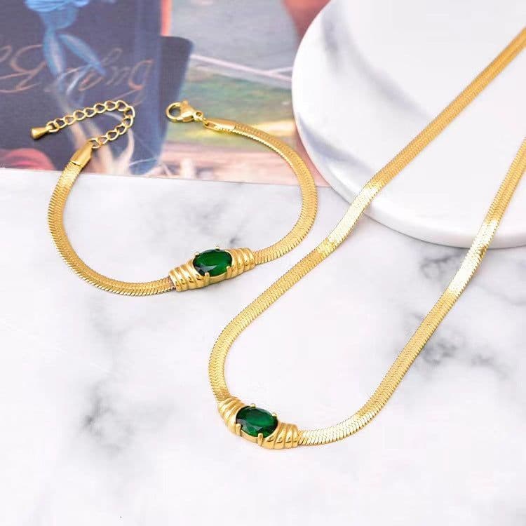 image-Titanium Steel Snake Chain Necklace - Gold Emerald