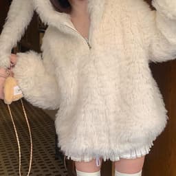 image-Women's Bunny Ears Hooded Velvet Jacket - Loose Fit