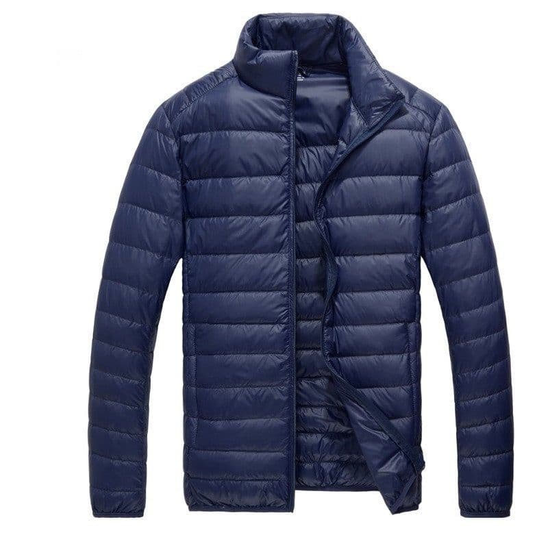 image-Men's Down Jacket - Light Grey Stand Collar Hooded