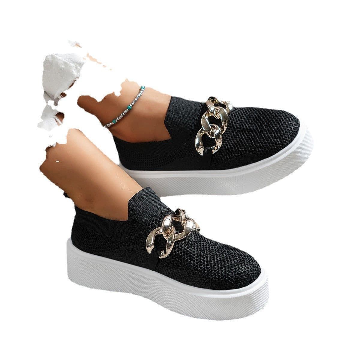 image-2022 Spring and Autumn New Round Toe Slip On Chain Casual Thick Bottom Large Size European and American Fly Woven Women's Shoes