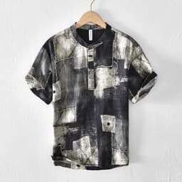 image-Men's Linen Shirt - Blue Floral Stand Collar Short Sleeve