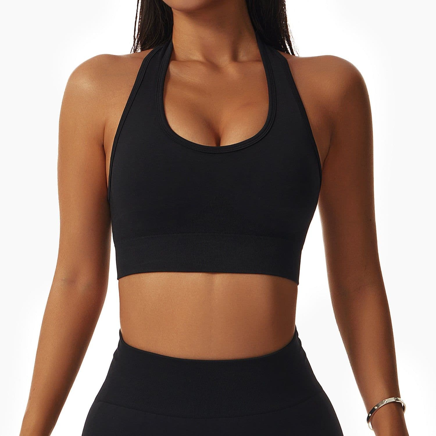 image-Sexy halterneck European and American yoga bra cross-border running sports bra push-up outer wear beautiful back fitness top for women