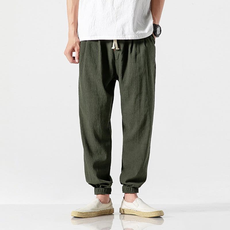 image-Jin Geyi Men's 5XL Japanese Harem Pants - Light Yellow Flax