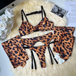 image-Sexy Lingerie 5-Piece Set - Leopard Print Polyester - L Size