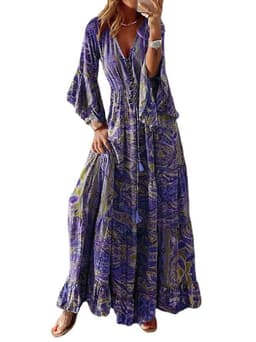 image-Bohemian V-Neck Trumpet Sleeve Holiday Dress Floral Long Skirt - 2023