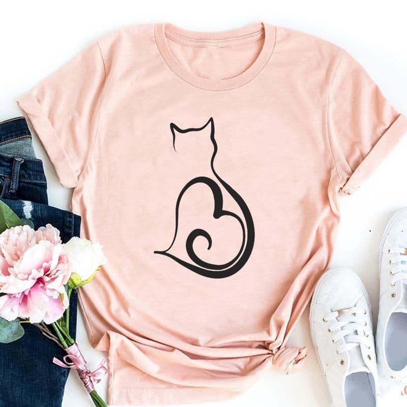 image-Cute Cat Print T-Shirt - Milk Silk 5XL Short Sleeve