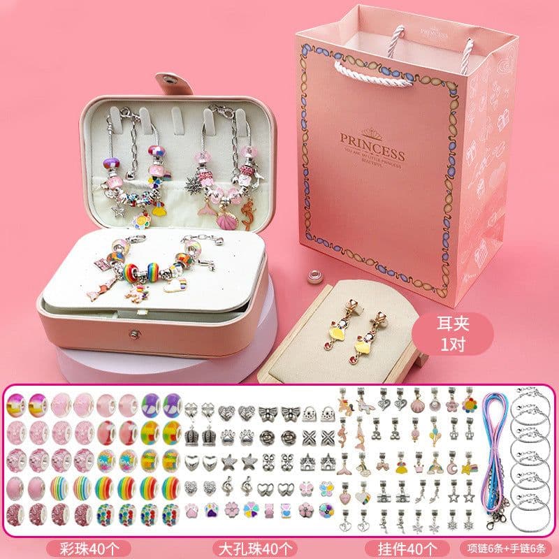 image-Kids Beaded Diy Jewelry Kit Bracelet Necklace Set With Earrings Pink Purple