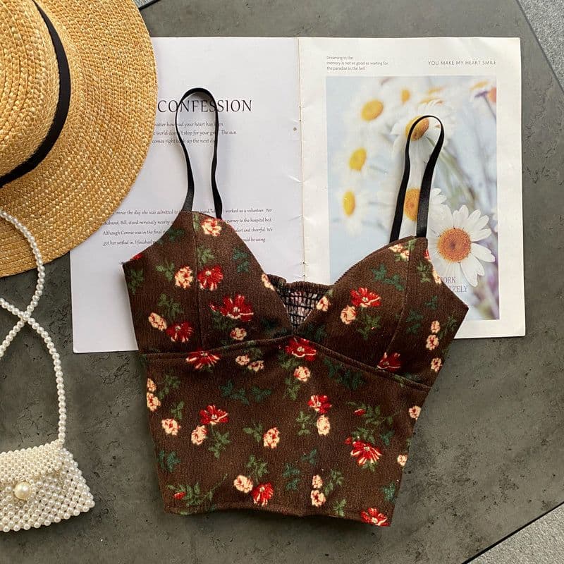 image-Corduroy Camisole Women's V-Neck Short Top - Red Floral