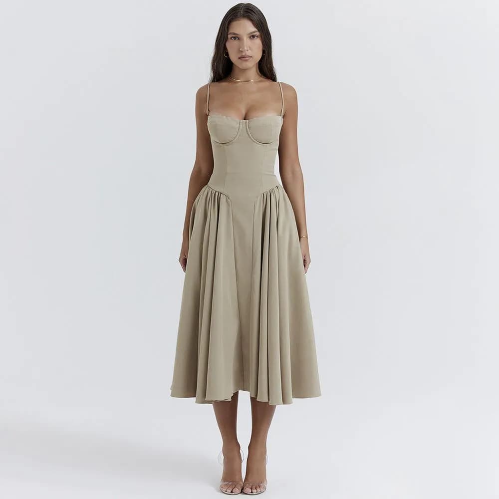 image-Dynoppy Sexy V-Neck Sleeveless Women's Dress - Mid-Length, Waist Slimming, Backless