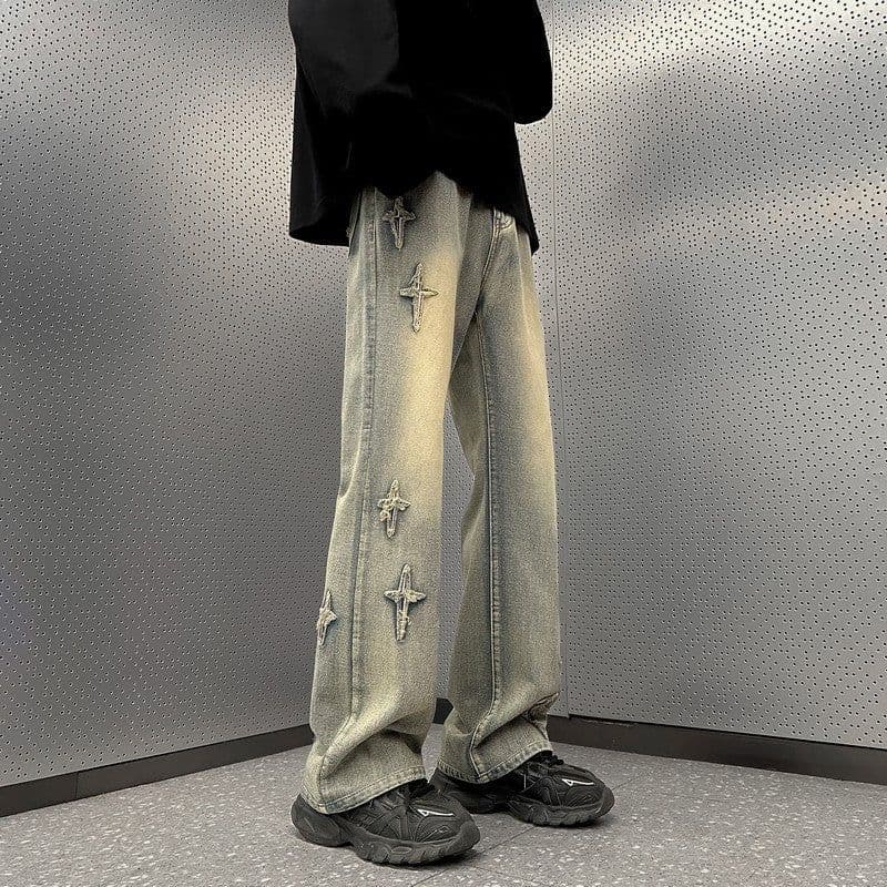 image-Yellow mud cross jeans men's spring and autumn national trend oversize pants handsome loose micro-flared wide-leg pants
