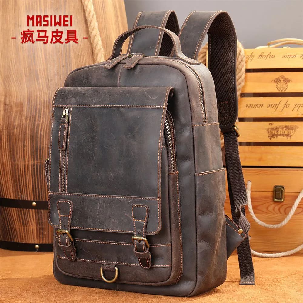 image-MASIWEI crazy horse leather backpack men's leather large capacity 2022 new outdoor men's computer bag backpack tide