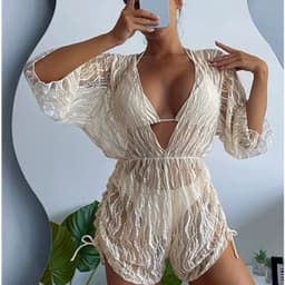 image-2023 Cross-Border Bikini Set, Beige, XL, Mesh, Waist Drawstring