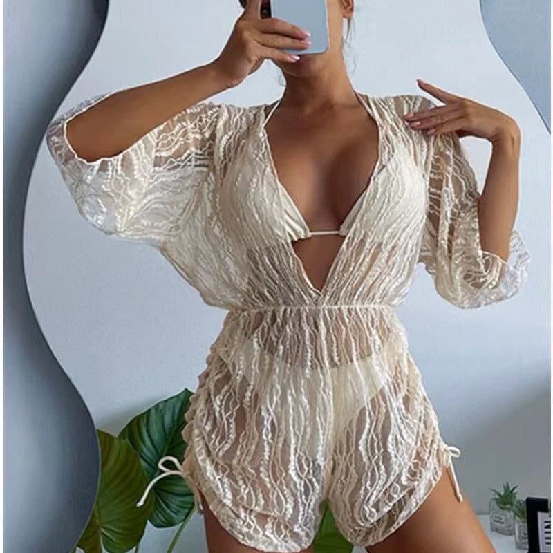 image-2023 Cross-Border Bikini Set, Beige, XL, Mesh, Waist Drawstring
