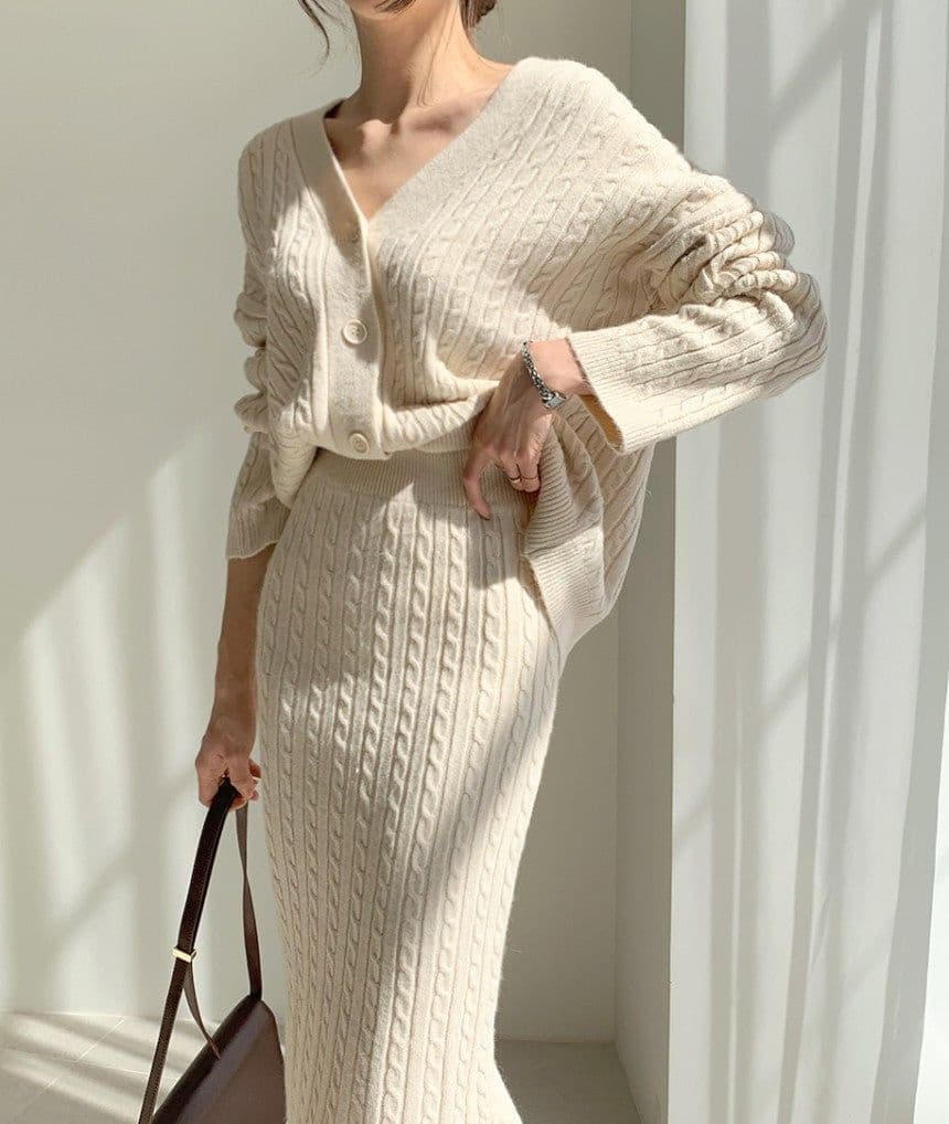 image-Women's Knit Cardigan Skirt Suit Set - Blue Midi