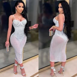 image-Women's Mesh Dress - Diamond Embellished U-Neck Midi