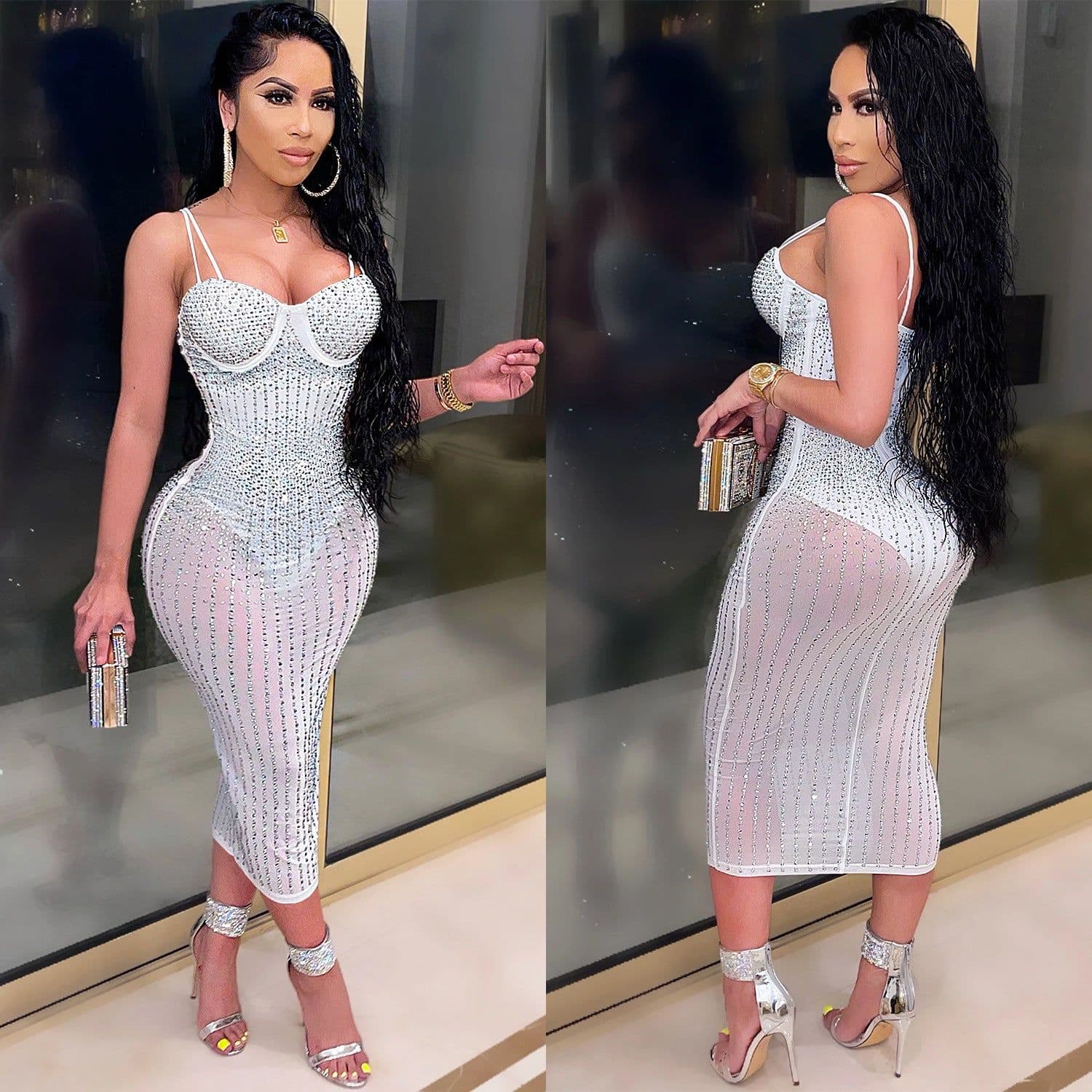 image-Women's Mesh Dress - Diamond Embellished U-Neck Midi