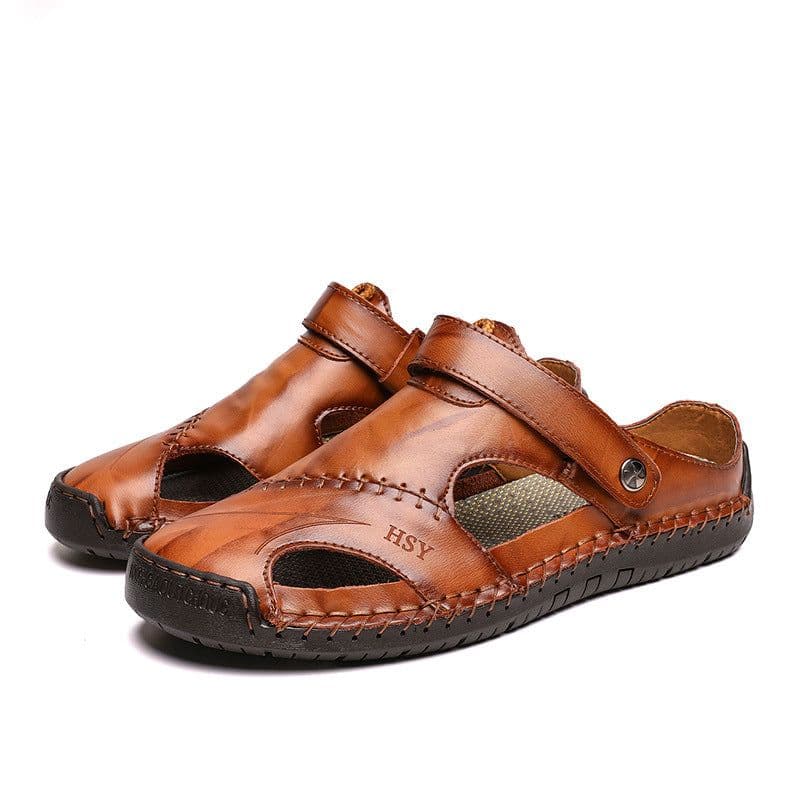 image-Men's Sandals - Large Size, Breathable, Yellow Brown Leather, Outdoor Hiking