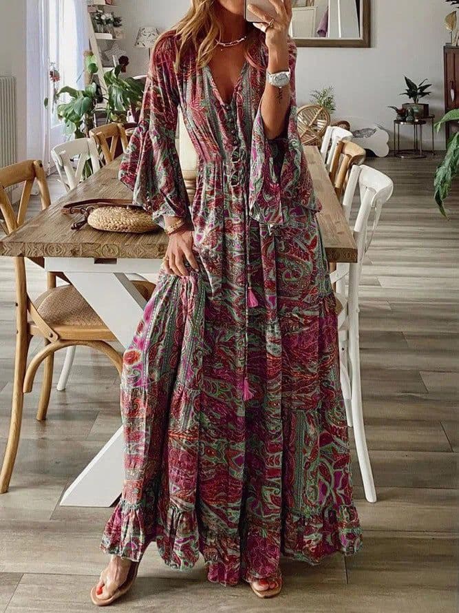 image-Bohemian V-Neck Trumpet Sleeve Holiday Dress Floral Long Skirt - 2023
