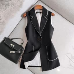 image-Women's Plus Size Vest - Black Polyester Button-Front
