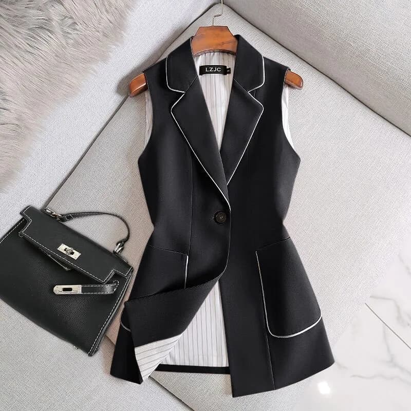 image-Women's Plus Size Vest - Black Polyester Button-Front