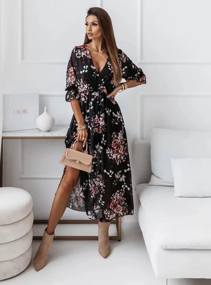 image-Women's V-Neck Chiffon Dress - Black Leopard Print XXL