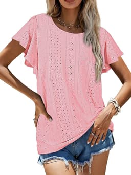 image-Women's Ruffled Sleeve T-Shirt - Sky Blue Hollow Out