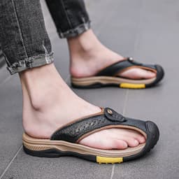 image-Men's Cowhide Flip Flops - Apricot Size 46 Casual