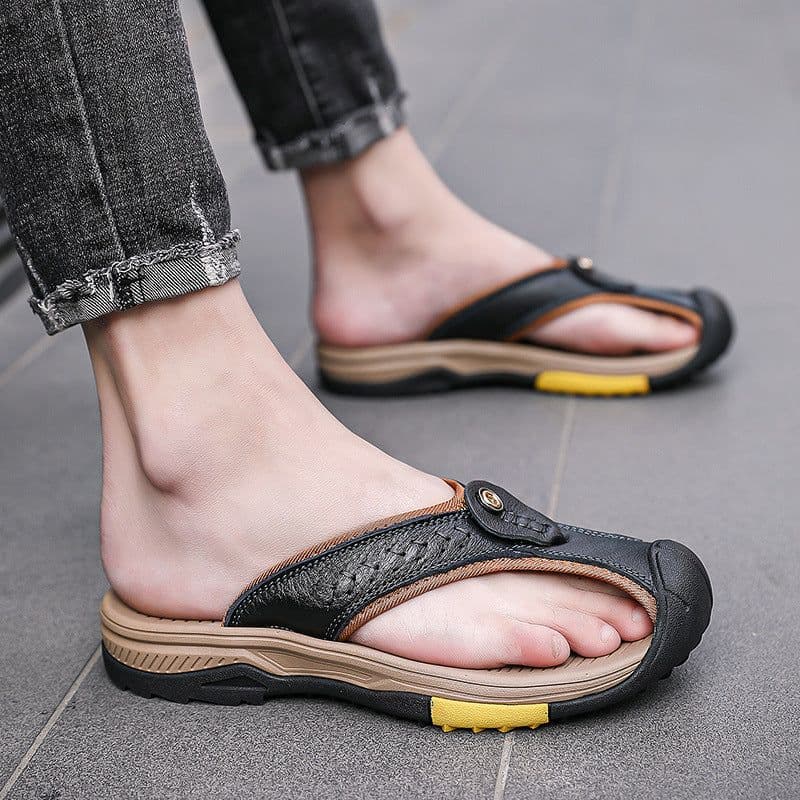 image-Men's Cowhide Flip Flops - Apricot Size 46 Casual
