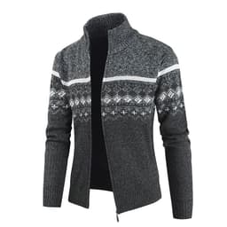 image-Dark Gray Stand Collar Cardigan With Velvet Thickened Knit Sweater Jacket 3XL